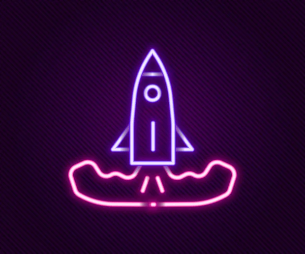 Glödande neon linje Rocket ikon isolerad på svart bakgrund. Färgstarkt skisskoncept. Vektor — Stock vektor