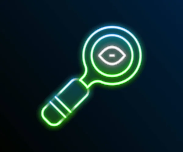 Glödande neon linje Förstoringsglas ikon isolerad på svart bakgrund. Sök, fokusera, zooma, affärssymbol. Färgstarkt skisskoncept. Vektor — Stock vektor