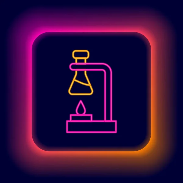 Linha de néon brilhante Frasco de tubo de teste de vidro no ícone do experimento do aquecedor de fogo isolado no fundo preto. Equipamento de laboratório. Conceito de esboço colorido. Vetor —  Vetores de Stock