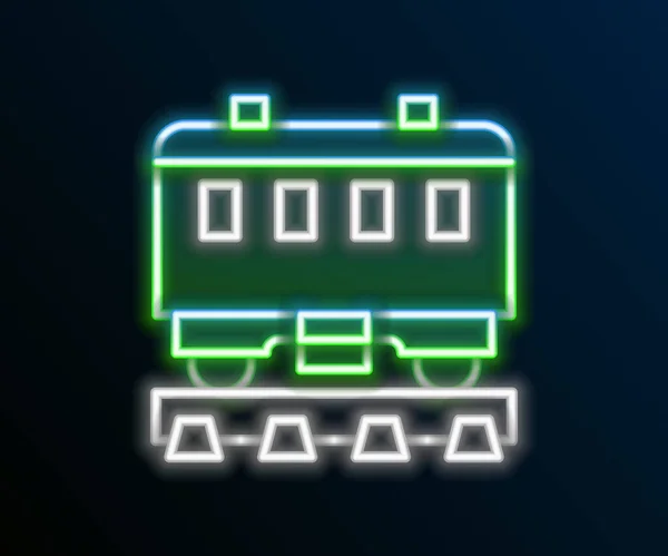 Glowing neon line Passenger train cars icon isolated on black background. Railway carriage. Colorful outline concept. Vector — Stock Vector
