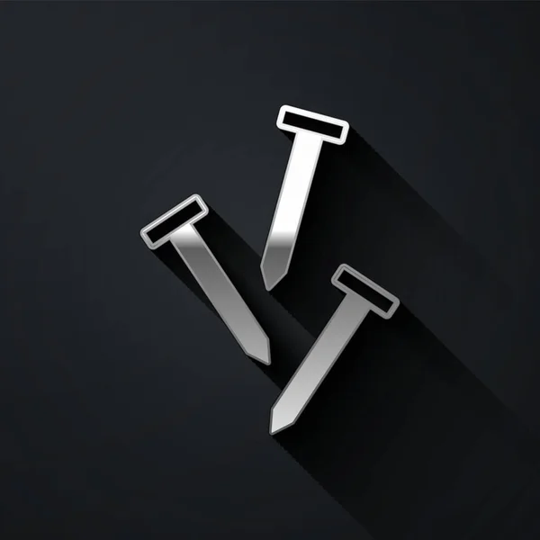 Silber Metallic Nägel Symbol isoliert auf schwarzem Hintergrund. Langer Schatten. Vektor — Stockvektor