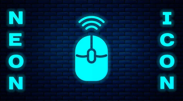 Leuchtende Neon Wireless Computer-Maus-Symbol isoliert auf Backsteinwand Hintergrund. Optisch mit Radsymbol. Vektor — Stockvektor