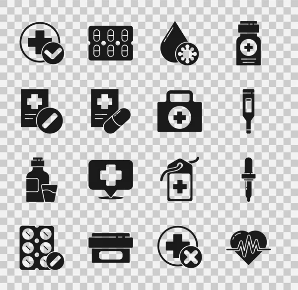 Fijar frecuencia cardíaca, pipeta, termómetro digital médico, análisis de sangre y virus, prescripción, Cross hospital medical and First aid kit icon. Vector — Archivo Imágenes Vectoriales