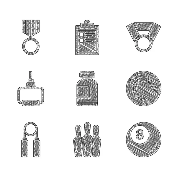 Set Sports nutrition, Bowling pin, Billiard pool snooker ball, Baseball, expander, TPX loop training equipment, Medal and icon. Vector — Stock Vector
