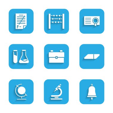 Okul sırt çantası, mikroskop, zil, silgi ya da kauçuk, Dünya küresi, test tüpü ve matara, sertifika şablonu ve sınav kağıdını yanlış cevap simgesiyle ayarla. Vektör