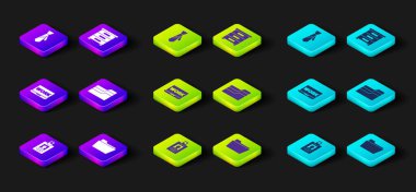 Kimlik kartı, belge klasörü, metin işi olan dizüstü bilgisayar, çekmece belgeleri ve kravat simgesini ayarla. Vektör