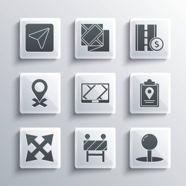 Yol bariyerini, Push pimini, konum işaretleyicili katlanmış haritayı GPS cihazı, trafik işareti, konum, şehir navigasyon bilgileri ve geçiş yolu simgesi ile ayarlayın. Vektör