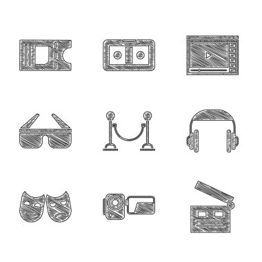 Set bariyeri, sinema kamerası, film alkışları, kulaklıklar, komedi ve trajedi maskeleri, 3 boyutlu sinema gözlükleri, online oyun videosu ve bilet ikonu. Vektör