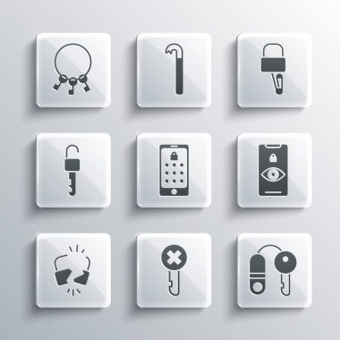 Yanlış anahtarı ayarla, Ev, Göz Taraması, Mobil ve Grafik Parola, Kırık Kilit, Kilit Açma, Simge açmak için Anahtarlar ve Kilit Açma. Vektör