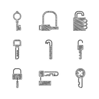 Crowbar, İşaretli anahtar, Yanlış, Kilitsiz, maymuncuk, Anahtar, Güvenli kombinasyon ve Eski simge için maymuncuk ayarlayın. Vektör