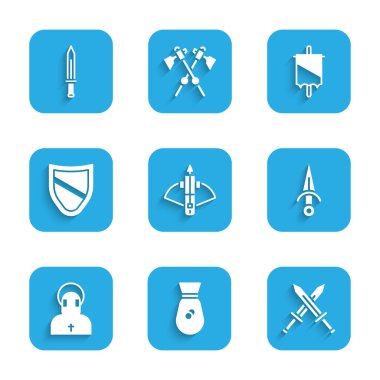 Savaş yayını ok, eski para çantası çapraz ortaçağ kılıcı, hançer, Monk, Shield, Ortaçağ bayrağı ve ikonu ile ayarla. Vektör