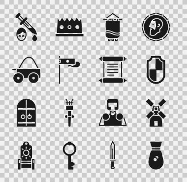 Eski para çantası, Yel değirmeni, Kalkan, Ortaçağ bayrağı, Tahta dört tekerlekli araba, Kanlı Kılıç, Parşömen, Parşömen, Parşömen ikonu. Vektör