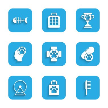 Veteriner kliniği, alışveriş torbası evcil hayvan, evcil hayvan şişesi, köpek ilacı, hamster tekerleği, hayvan ayaklı insan, ödül ve balık iskeleti ikonu. Vektör