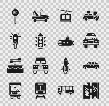 Bozuk yol, Hatchback arabası, polis ve teşhirci, kablo, trafik ışığı, scooter, hız limiti trafik ve denizaltı simgesi. Vektör