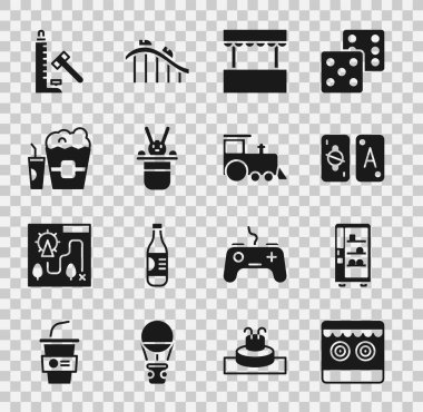 Atış poligonu, otomat, Tarot kartları, bilet gişesi, Sihirbaz şapkası ve tavşan, patlamış mısır, çekiçli Striker cazibesi ve oyuncak tren ikonu. Vektör