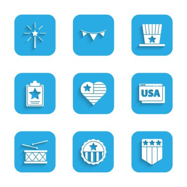 ABD 'nin Bağımsızlık Günü, Yıldız Madalyası, Kalkan yıldızları, tarayıcı, davul ve bagetler, Vatansever Amerikan silindir şapkası ve Havai fişek ikonu. Vektör