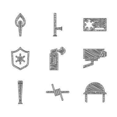 Biber gazı, dikenli tel, askeri miğfer, güvenlik kamerası, polis kauçuk cop, rozet ve meşale alevi ikonu. Vektör