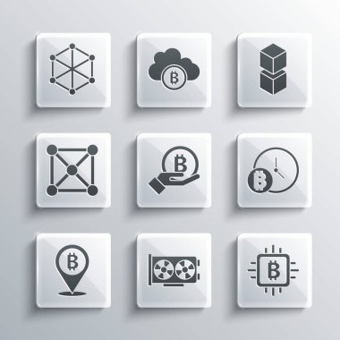 Video grafik kartı, işlemci çiftliği, saatli Bitcoin, el ele tutuşmalar, engelleme zinciri teknolojisi ve ikon. Vektör