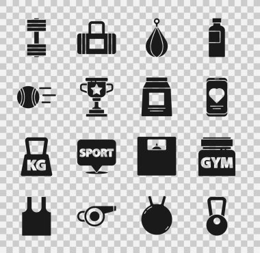 Kettlebell, Spor Beslenme, kalp atış hızı olan mobil, kum torbası, ödül kupası, tenis topu, Dumbbell ve ikon. Vektör