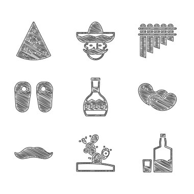 Tekila şişesi, kaktüs ve cam, fasulye, bıyık, parmak arası terlik, Pan flüt ve Nachos ikonu. Vektör