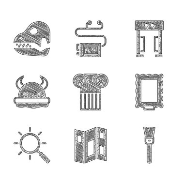 Kadim sütunu, müze rehberi broşürü, boya fırçası, resim, büyüteç, Viking boynuzlu miğferi, metal dedektörü ve dinozor kafatası ikonu. Vektör