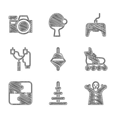 Whirligig oyuncağı, Piramit, oyuncak kukla oyuncağı, paten, yapboz parçaları, sapan, oyun sahası ve fotoğraf makinesi ikonu. Vektör