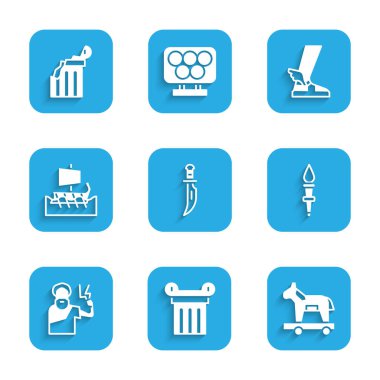 Hançer, Antik sütun, Truva atı, Meşale alevi, Zeus, Yunan triremi, Hermes sandaleti ve kırık antik ikon. Vektör