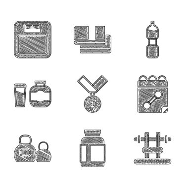 Set Madalyası, Spor Beslenme, Barbel, Takvim fitness, Kettlebell, Bir şişe su ve Banyo ikonu. Vektör