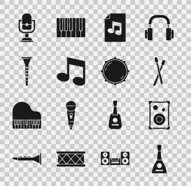 Balalaika, Stereo hoparlörü, Bateri çubukları, notalı müzik kitabı, nota, ton, klarnet, mikrofon ve çevir düğmesi seviyesindeki simge. Vektör