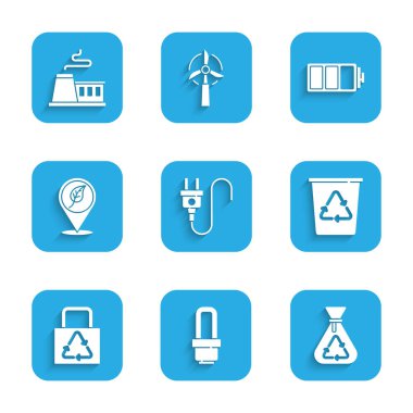 Elektrik prizi, LED ampul, geri dönüşümlü çöp torbası, geri dönüşüm kutusu, kağıt, konum yaprağı, pil ve fabrika simgesini ayarla. Vektör