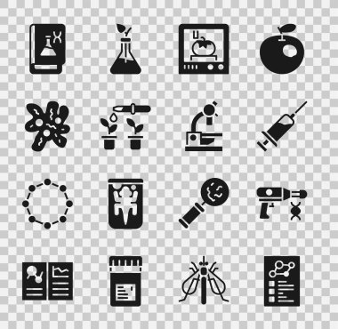 Klinik rekorunu kırın, sıvı tabanca, şırınga, 3D baskı teknolojisi, Pipette ve bitki, hücre, genetik mühendisliği kitabı ve mikroskop ikonu. Vektör