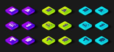 Saç kurutma makinesi, bornoz, elektrikli ütü kapı kolu, otel servis zili ve kasa ikonu. Vektör