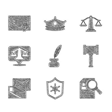 Set Feather and inkwell, Police badge, Paper analysis magnifying, Judge gavel, Envelope, Scales of justice, and Certificate template icon. Vector clipart