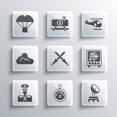 Barometre, Radar, hedefleri monitörde, Marshalling asaları, Pilot, Bulut havası, kutulu paraşüt ve helikopter simgesiyle ayarlayın. Vektör