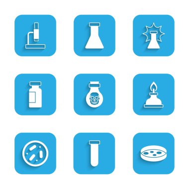 Zehri şişeye, deney tüpüne ve mataraya, bakterili, alkollü ya da yanan petri kabına, kimyasal patlamaya ve mikroskop ikonuna koyun. Vektör