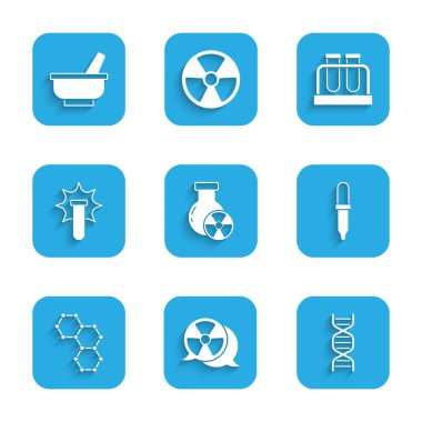 Test tüpü radyasyonu, radyoaktif, DNA sembolü, Pipette, kimyasal formül, patlama, matara ve havan topu ikonu. Vektör
