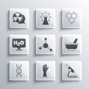 Tıbbi lastik eldiven, mikroskop, havan topu, molekül, DNA sembolü, H2O, radyoaktif ve ikon için kimyasal formül hazırlayın. Vektör