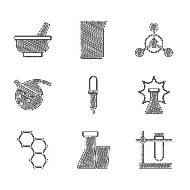 Pipette, Test tüpü ve matarası hazır olsun. Kimyasal patlama, formül, molekül ve havan topu ikonu. Vektör