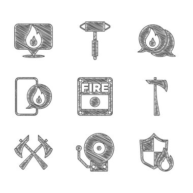 Yangın alarmı, zil, koruma kalkanı, itfaiyeci baltası, 911 'i arayan telefon, telefon ve yangın ikonu. Vektör