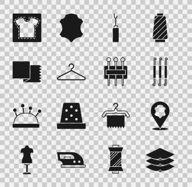 Tabaka tekstil, deri, örgü kancası, Awl aleti, elbise dolabı, tekstil kumaş rulosu, dikiş deseni ve dikiş ikonu için iğne hazırlayın. Vektör