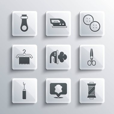 Deri, dikiş ipliği makara, makas, elektrikli ütü, Awl aleti, elbise dolabı, fermuar ve düğme simgesi. Vektör