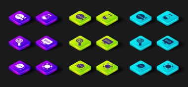 DNA sembolü, molekül, mikroorganizmaları büyüteç, biyosağlıklı besin, test tüpü, matara ve ikon olarak ayarlayın. Vektör