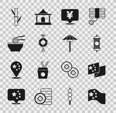 Çin bayrağı, Çin kağıt feneri, Yuan para birimi, Asya erişte kasesi, Bambu ve Japon şemsiyesi. Vektör