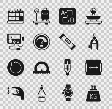 Ağırlık, Alan Ölçümü, Çizim pusulası, Yol konumu, Hız göstergesi, Multimetre, voltmetre, Takvim ve Yapılandırma kabarcık düzeyi simgesi ayarla. Vektör