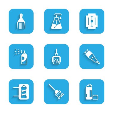 Dustpan, Paspas, tıraş jeli köpüğü, elektrikli saç makası, berber dükkanı direği, saç spreyi için sprey kutusu, jilet jileti ve toka ikonu. Vektör