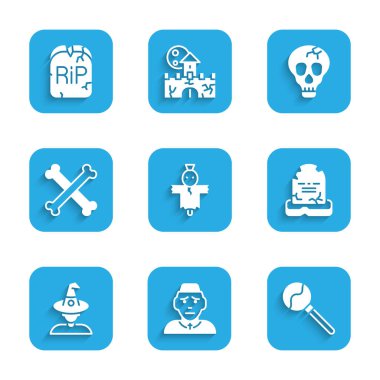 Set Korkuluğu, Rahip, Lollipop, Rip yazılı Tombstone, Cadı, Çapraz Kemikler, Kurukafa ve ikon. Vektör