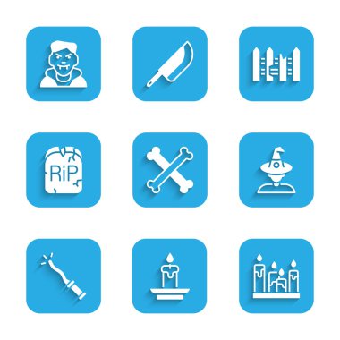 Çapraz kemikler, yanan mum, cadı, sihirli değnek RIP yazılı Tombstone bahçe çiti ahşabı ve vampir ikonu. Vektör