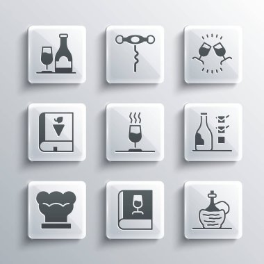 Şarap, İtalyan şarabı fiyaskosu, bir şişe tatma, degukasyon, aşçı şapkası, üzümler, cam ve ikon ile ilgili bir kitap hazırla. Vektör