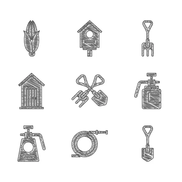 Set Shovel and rake, Garden hose or fire hose, sprayer for fertilizer, Farm house, and Corn icon. Vector — Stock Vector