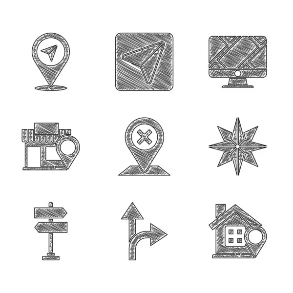 Réglez l'emplacement, panneau de signalisation routière, avec maison, rose des vents, magasin, marqueur de localisation du moniteur et icône. Vecteur — Image vectorielle